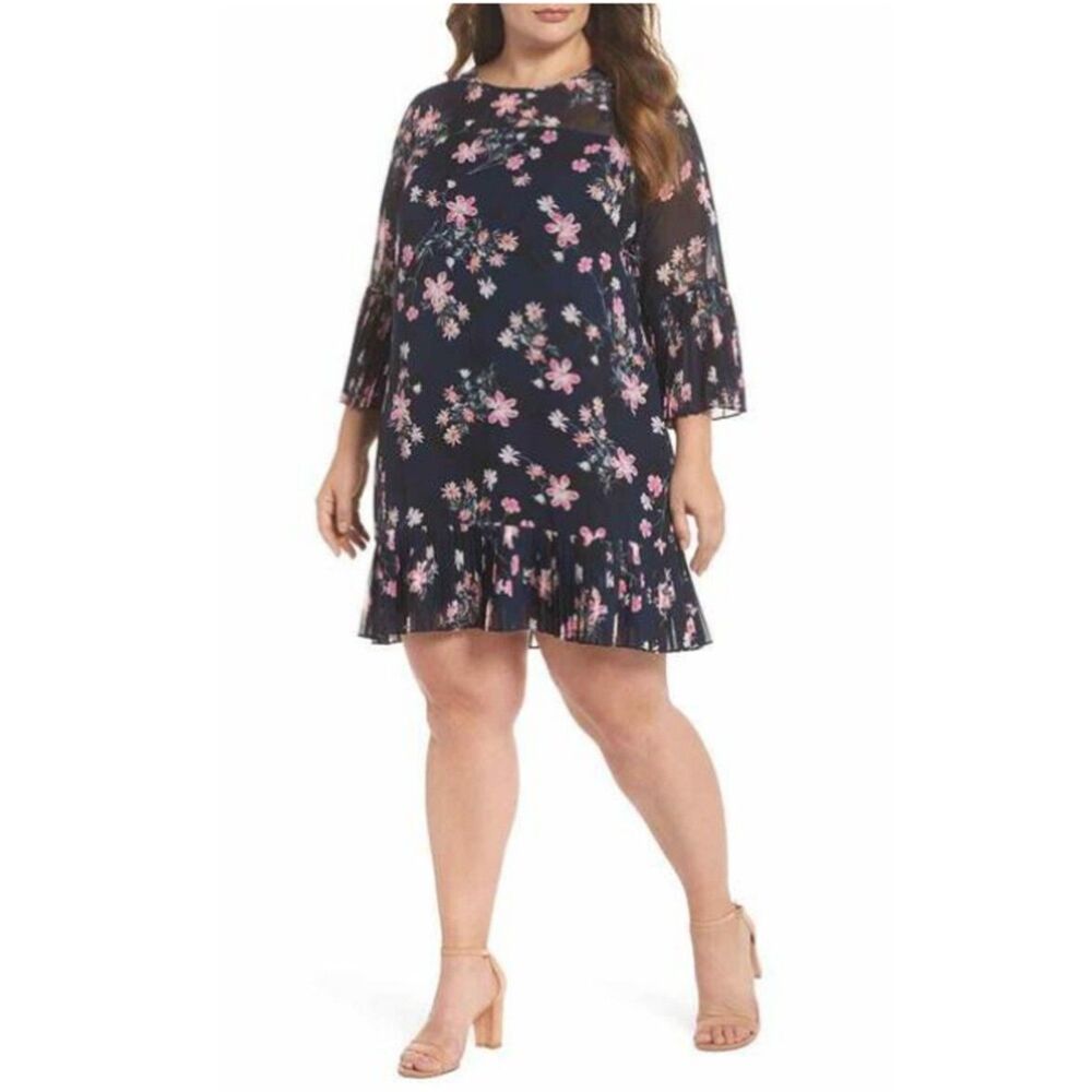 Eliza J Floral Print 3/4 Pleated Sleeve Hem Illusion Neck Mini Dress Navy Size 4